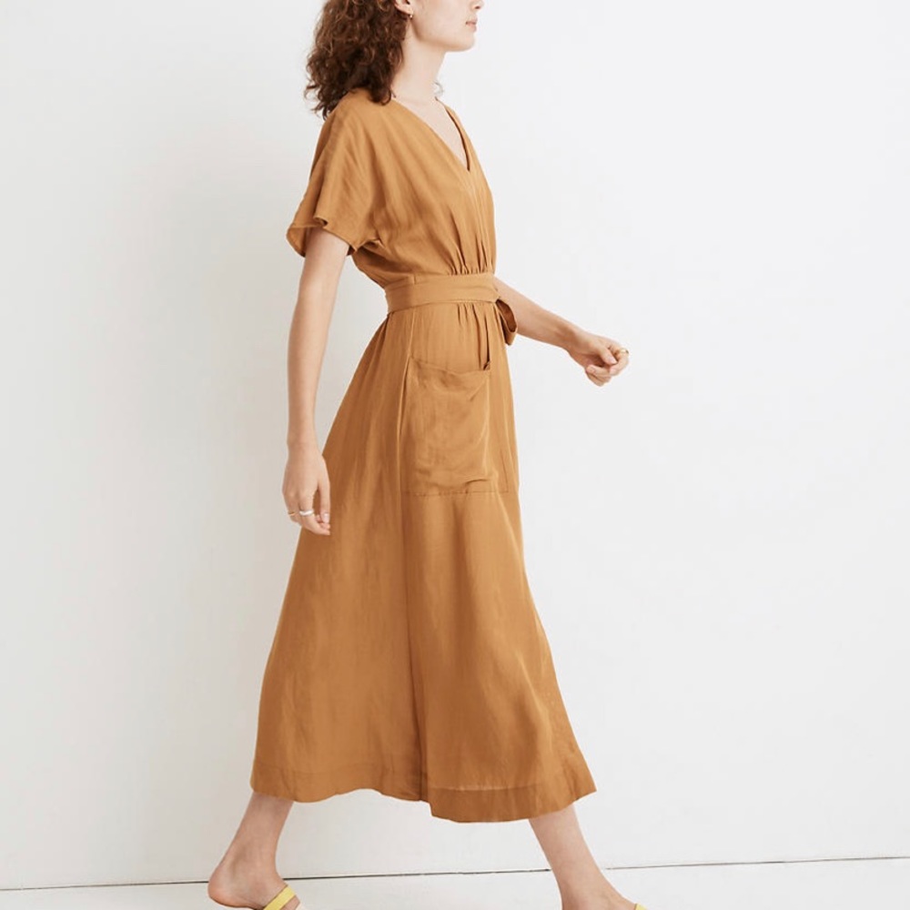 Linen-Blend Dolman-Sleeve Tie-Waist Midi Dress